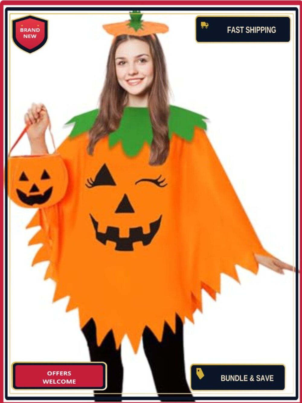 Pumpkin Poncho Costume Set 3pc Polyester One Size Fits All Halloween